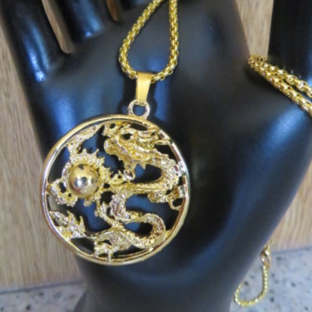 Hollow Design DRAGON Pendant Gold Alloy with Chain 32 cm (K266)